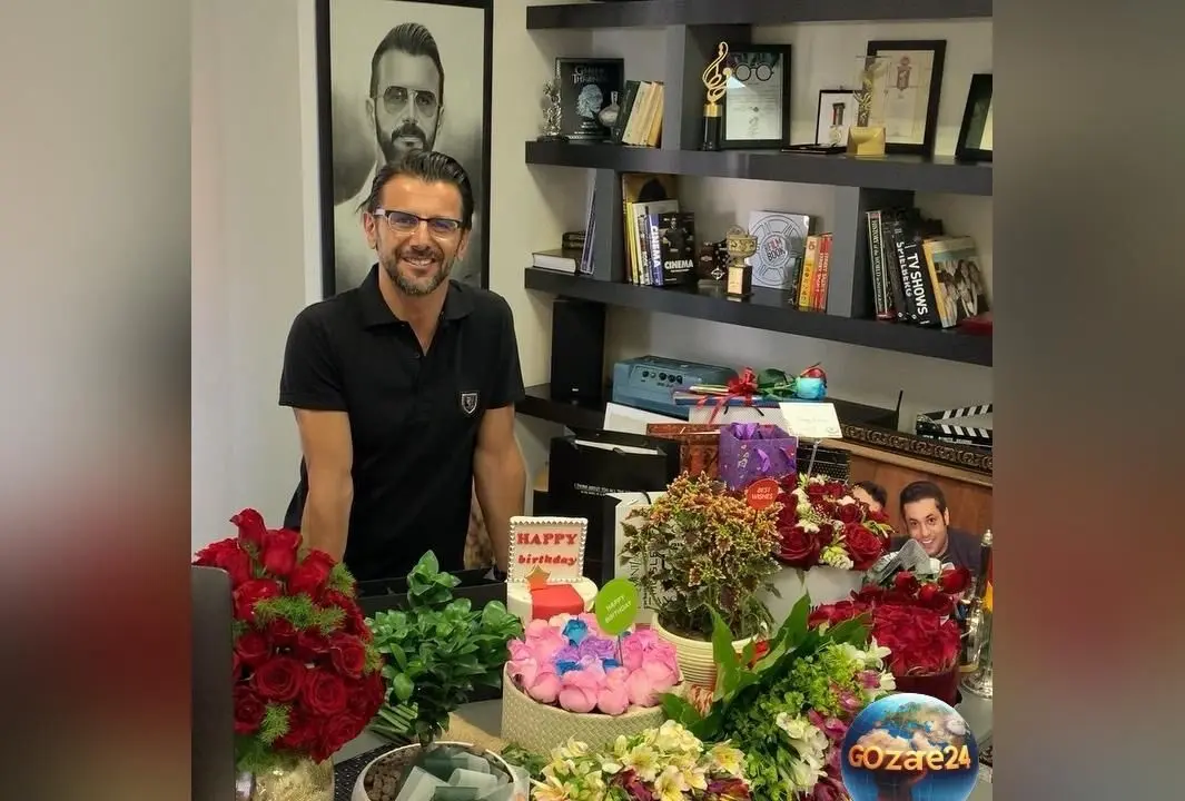 تصاویر و ویدیوهای دیزاین لوکس دفتر کار امین حیایی در روز تولدش با گل‌ها و کادوهای رنگارنگ