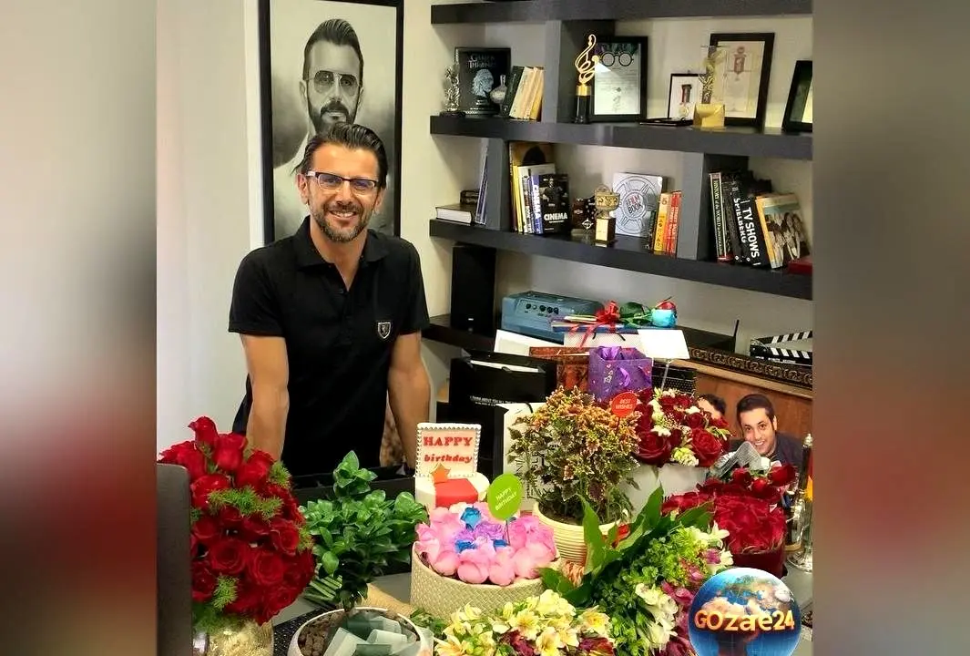 تصاویر و ویدیوهای دیزاین لوکس دفتر کار امین حیایی در روز تولدش با گل‌ها و کادوهای رنگارنگ
