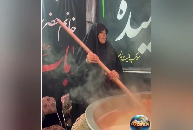الهام چرخنده در مراسم عزاداری فاطمیه با حضور در کنار دیگ نذری و سمنوپزی به یاد حضرت زهرا(س)