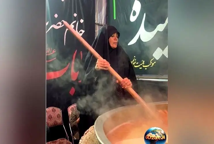 الهام چرخنده در مراسم عزاداری فاطمیه با حضور در کنار دیگ نذری و سمنوپزی به یاد حضرت زهرا(س)