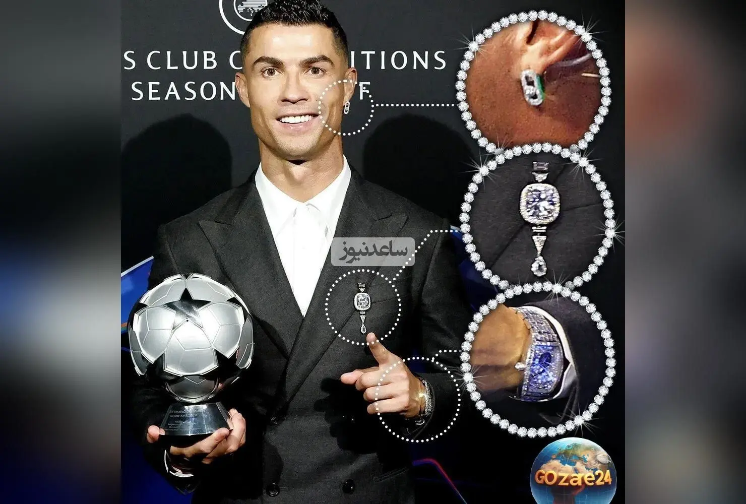 (عکس) جواهرات لوکس رونالدو در مراسم قرعه‌کشی لیگ قهرمانان اروپا به ارزش 6 میلیون پوند + جزئیات و تصاویر