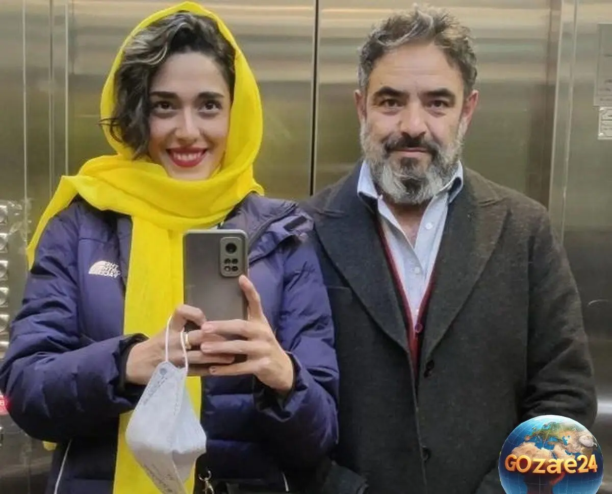 عکس سلفی عاشقانه حسن معجونی و همسرش در آسانسور با استایل ست مشکی جذاب