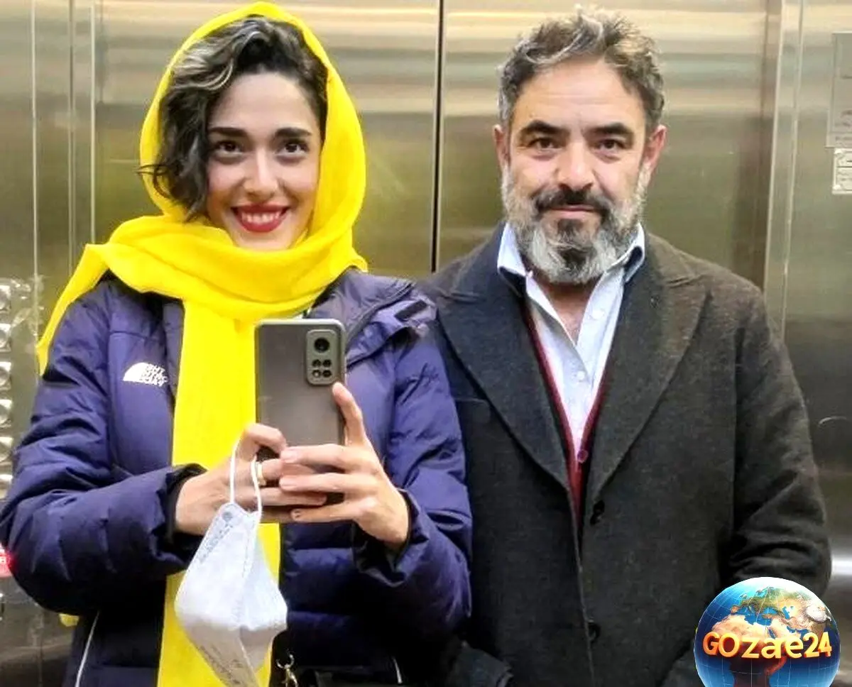 عکس سلفی عاشقانه حسن معجونی و همسرش در آسانسور با استایل ست مشکی جذاب