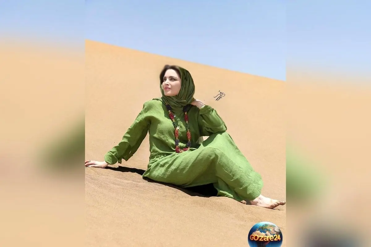 (عکس) بهنوش طباطبایی در کویر یزد با استایل مونوکروم سبز و پا برهنه در فتوشوتهای جدید