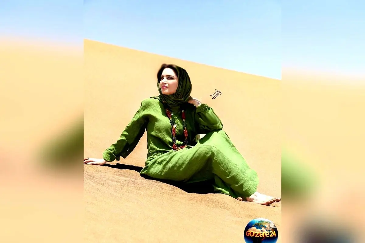 (عکس) بهنوش طباطبایی در کویر یزد با استایل مونوکروم سبز و پا برهنه در فتوشوت‌های جدید