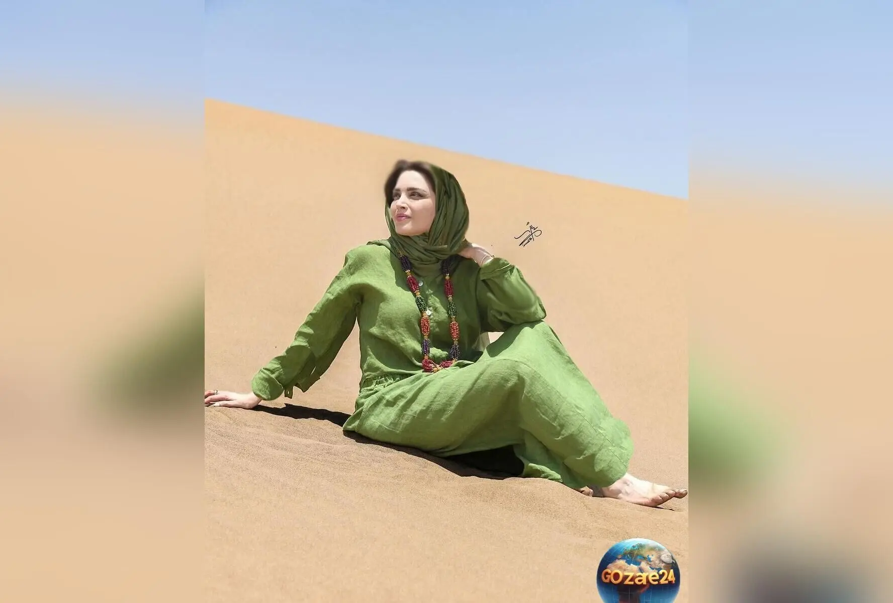 (عکس) بهنوش طباطبایی در کویر یزد با استایل مونوکروم سبز و پا برهنه در فتوشوت‌های جدید