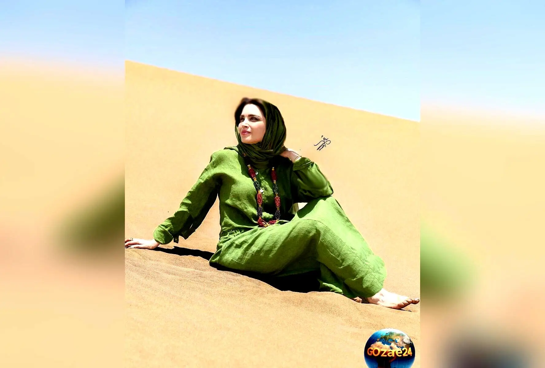 (عکس) بهنوش طباطبایی در کویر یزد با استایل مونوکروم سبز و پا برهنه در فتوشوت‌های جدید